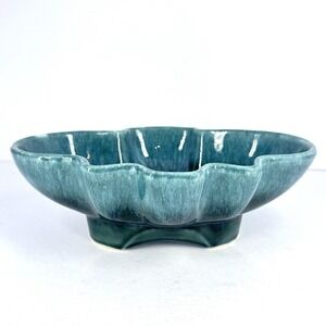 Vintage 602 USA Blue Green Drip Glaze Scalloped Console Bowl Planter
